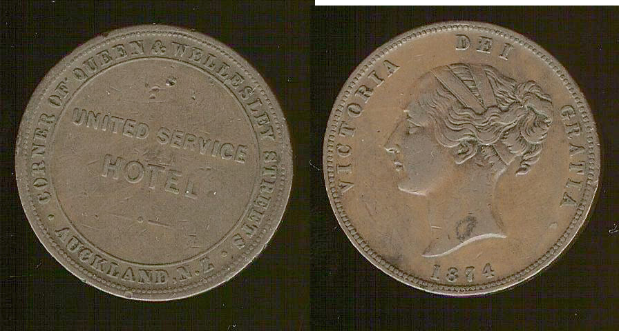 New Zealand penny token United Service Hotel hote 1874 VF+e